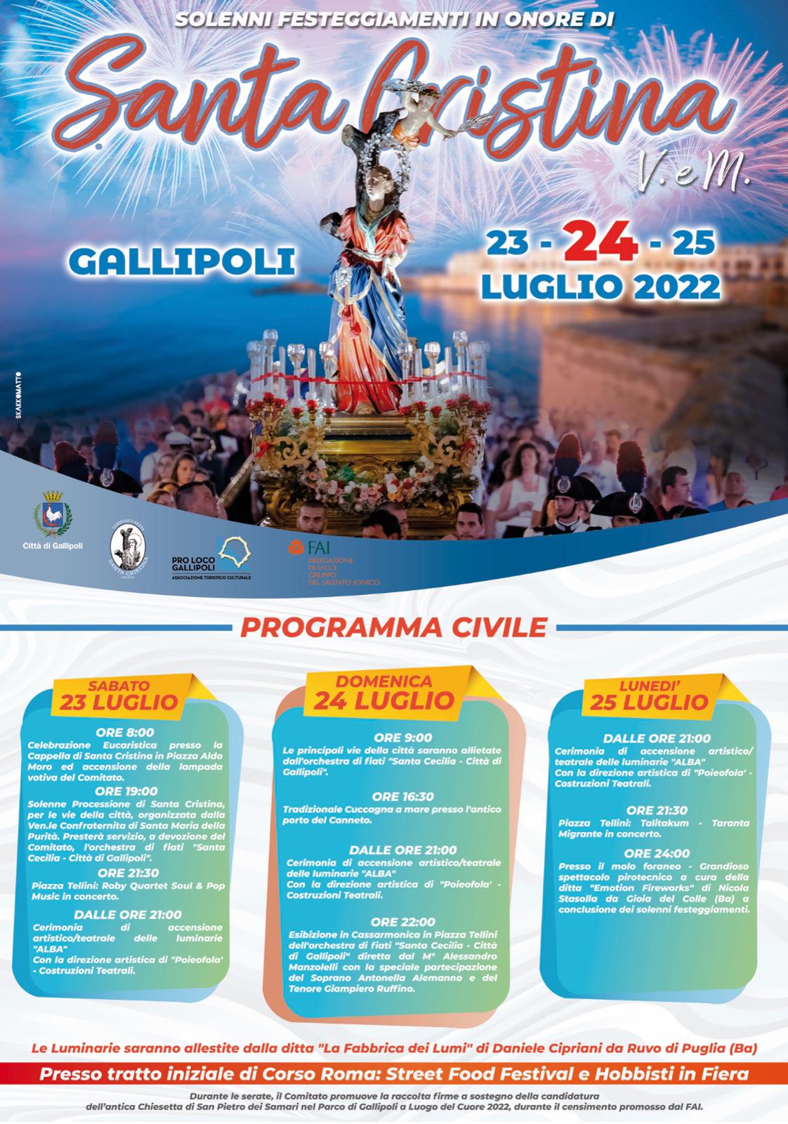 Gallipoli, tornano i festeggiamenti in grande stile per Santa Cristina: processione, cuccagna, luminarie e musica