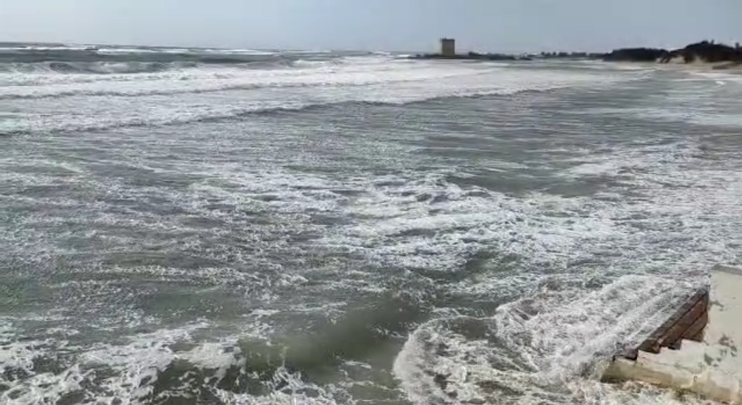 [video] – Forti raffiche, a Porto Cesareo il mare in strada. Ma i temerari del kite lo sfidano. Traffico interdetto nelle aree a rischio